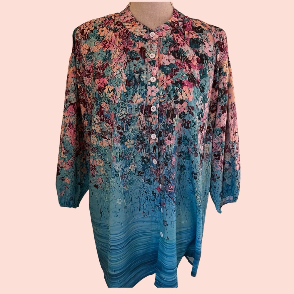 C.O.Z.Y. Pink/Blue Floral Print Banded Neck Button Front Blouse 8